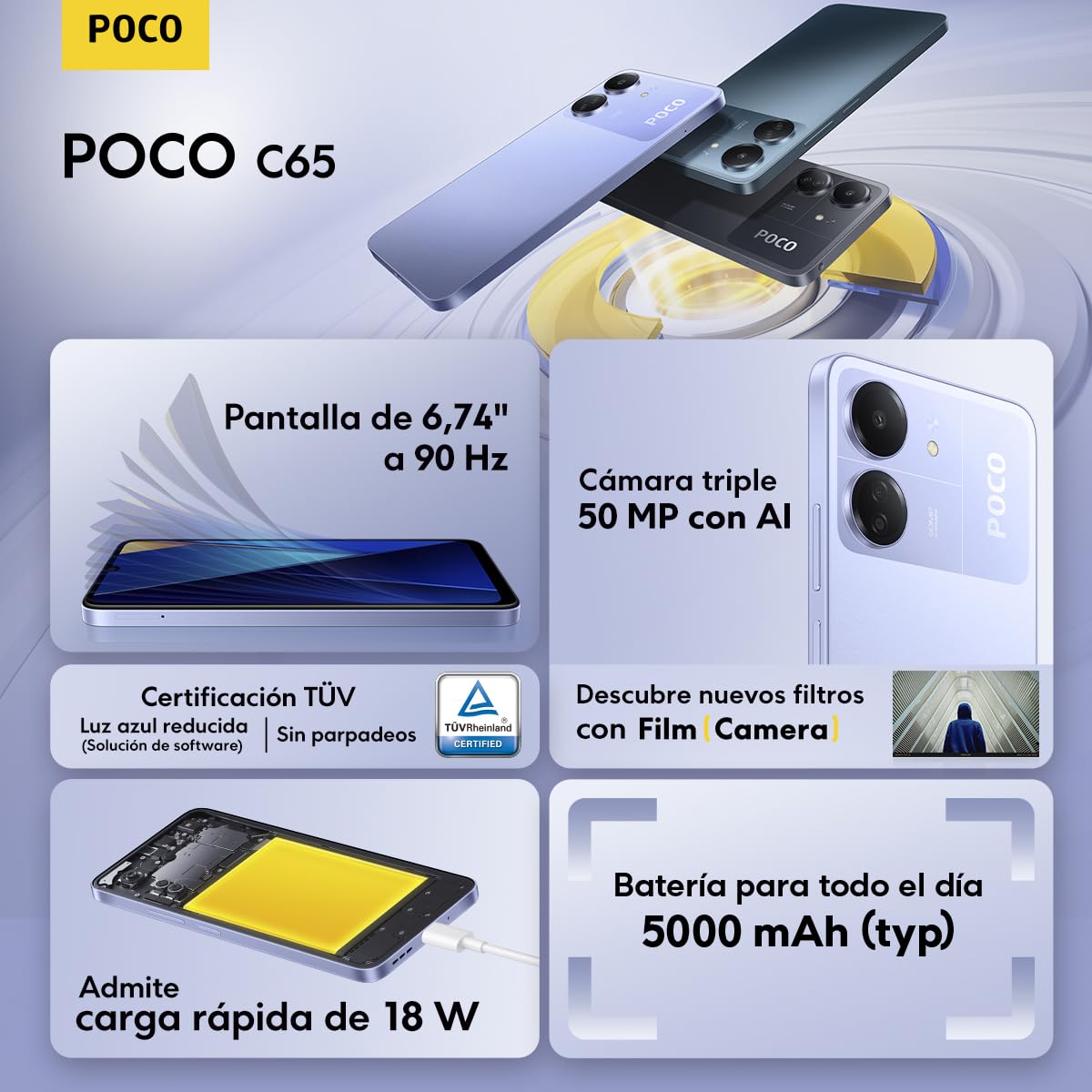 Xiaomi Poco C65 - Smartphone de 8+256GB, Pantalla de 6.74” 90Hz HD+, MediaTek Helio G85, Triple cámara 50MP+2MP+QVGA, 5000mAh, NFC, Negro (Versión ES)